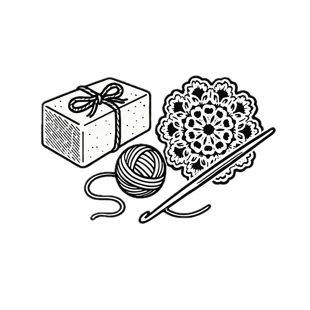 Line drawing of a soap bar, yarn ball, crochet hook, and doily